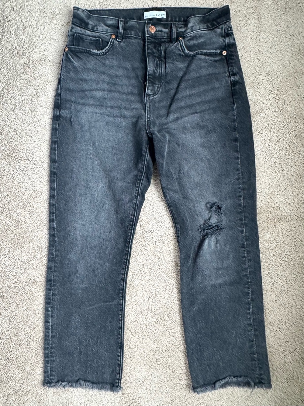LOFT Black Cropped Ankle Jeans with Distressed Knee